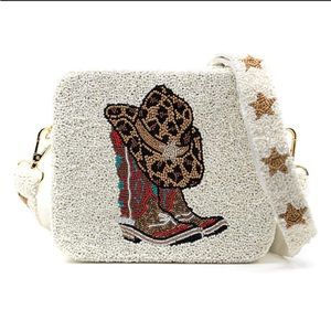 Tiana Designs White with Cowboy Boots & Hat Beaded Bag with Strap